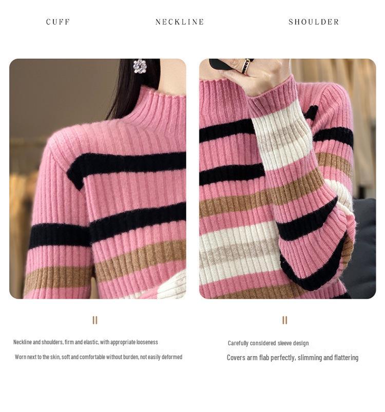 Women's Striped Cashmere Knit High Neck Sweater - Slimming, Loose Fit for Autumn & Winter