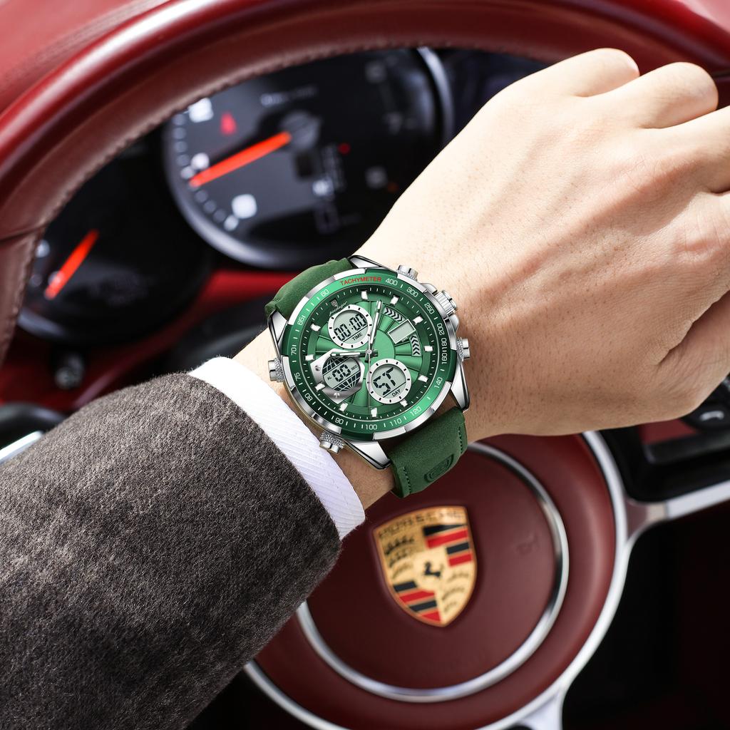 POEDAGAR E108 Practical Business Men's Dual Display Watch Leather Strap Waterproof Casual Fashion Male Wristwatch Gift