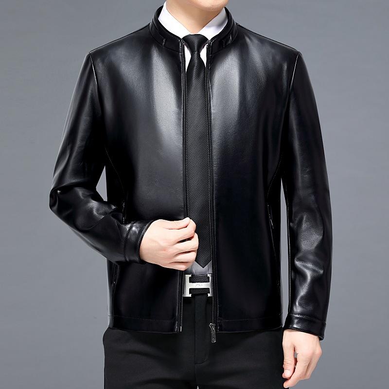 Куртка мужская из натуральной кожи с воротником-стойкой из утолщенной овчины, деловая, повседневная, короткая, для среднего возраста