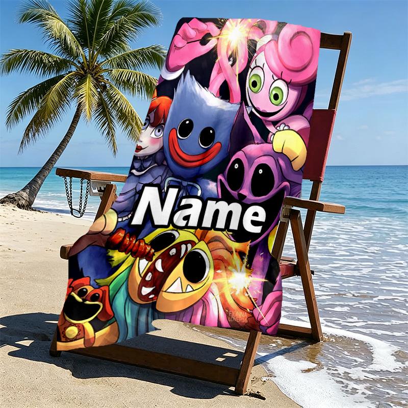 Custom Name Personalized Huggy Wuggy Print Beach Towel, for Trip Camping Beach Party Home Decor, Birthday Gift for Family & Friends