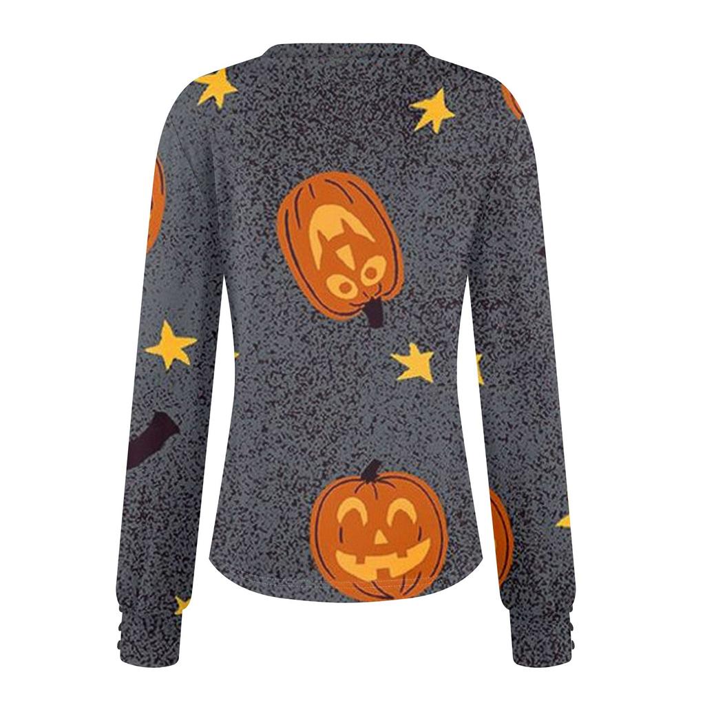 Women's Tops Halloween Printed Long Sleeve Shirt V Neck Casual Loose T-Shirt Autumn Clothing