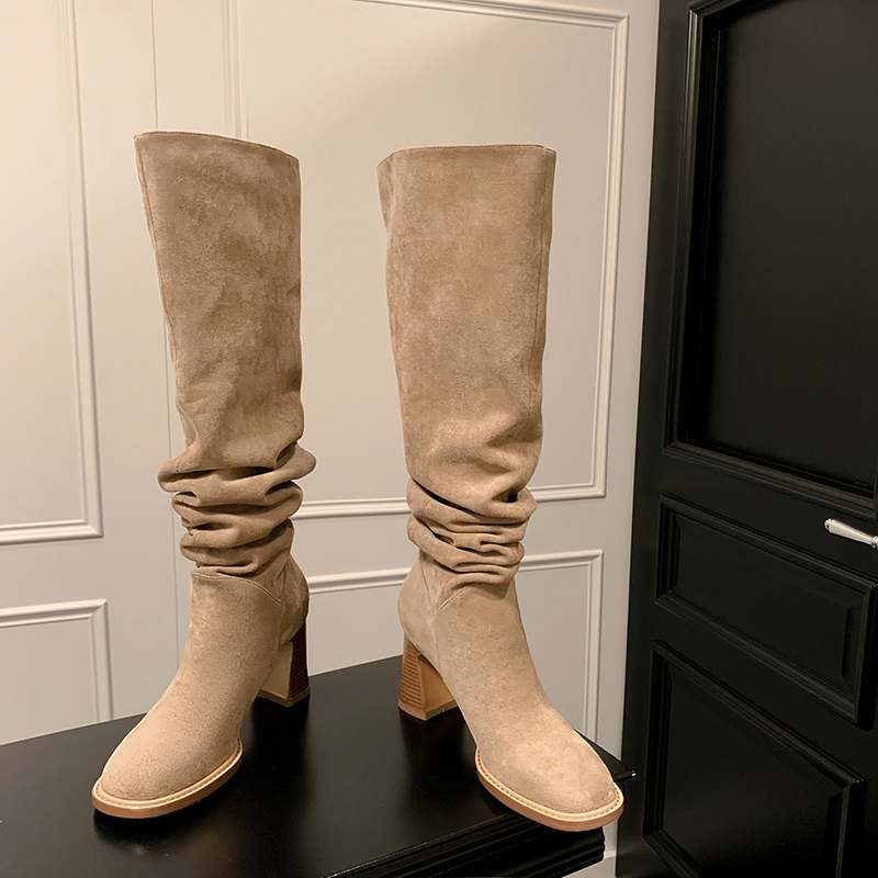 Krazing Pot Осенне-зимняя обувь из флока, женские сапоги до колена с плиссированными украшениями