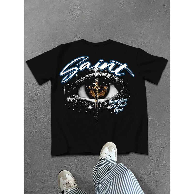 Unisex Oversized Black Tshirt Saint Letter Eye Cross Graphic Print Back Tee Sunshine In Your Eyes Vintage Streetwear Short Sleeve
