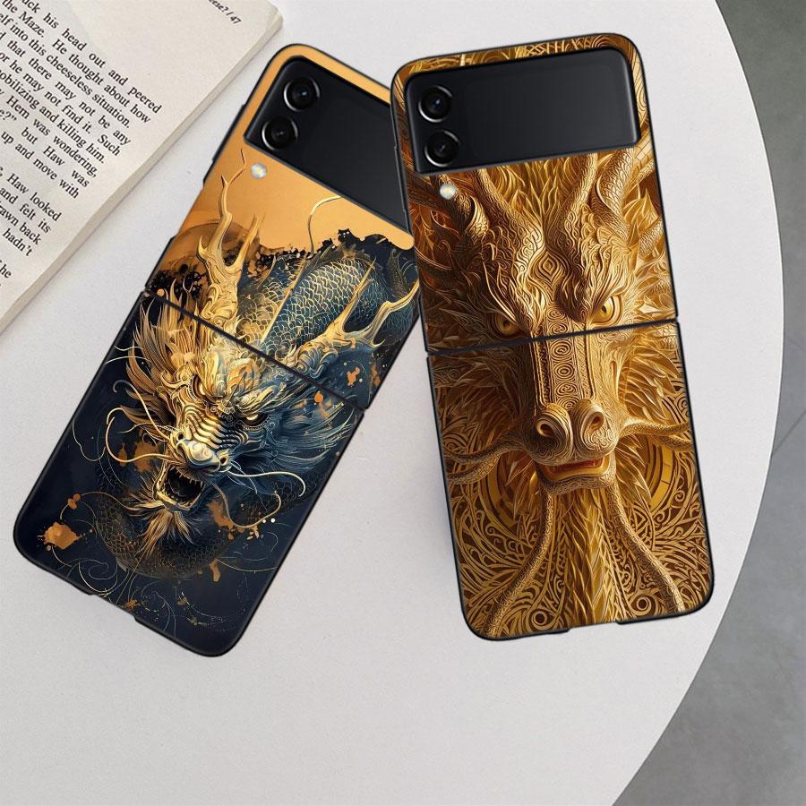 Золотой Святой Дракон Чехол для Телефона для Samsung Z Flip 7 6 5G Galaxy Z Flip 5 4 3 Черный Жесткий Чехол-Крышка Роскошный ПК Корпус Coque