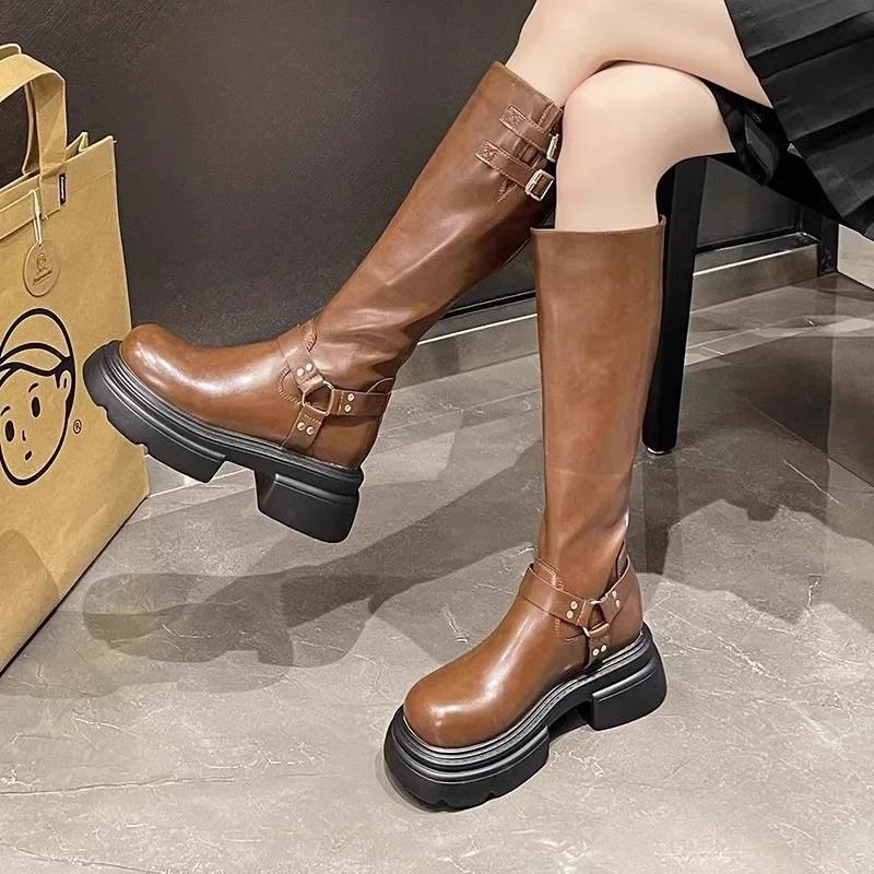 Fashion Autumn New Korean Version Thick Heel Leather Belt Buckle Knee-Length Long Boots for Women, Fashion Slimming Mid-Heel Rider Boots