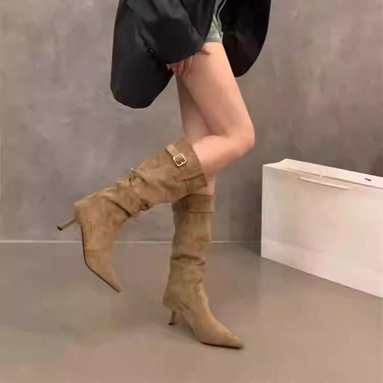 Pointed High Heel Khaki Skinny Boots Women's Shoes Summer Vintage Pile Boots Medium Barrel