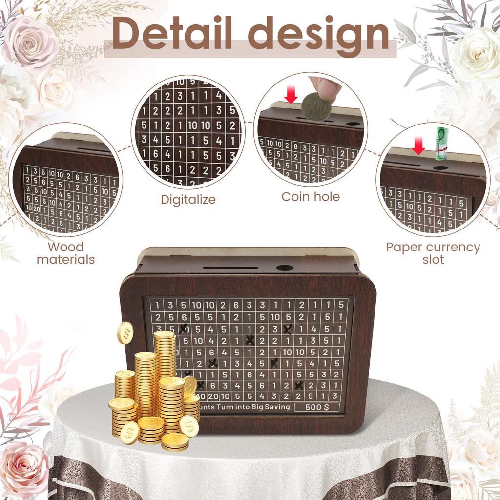 Money Wood Box Piggy Bank Wood Money Bank Large Capacity Cash Savings Box with Saving Goal Numbers Money Boxes Home Decorations