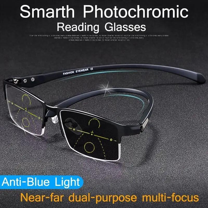 Titanium Multifocal Photochromic Reading Glasses Men Progressive Bifocal Anti Blue Light Uv Protective Presbyopic Glasses