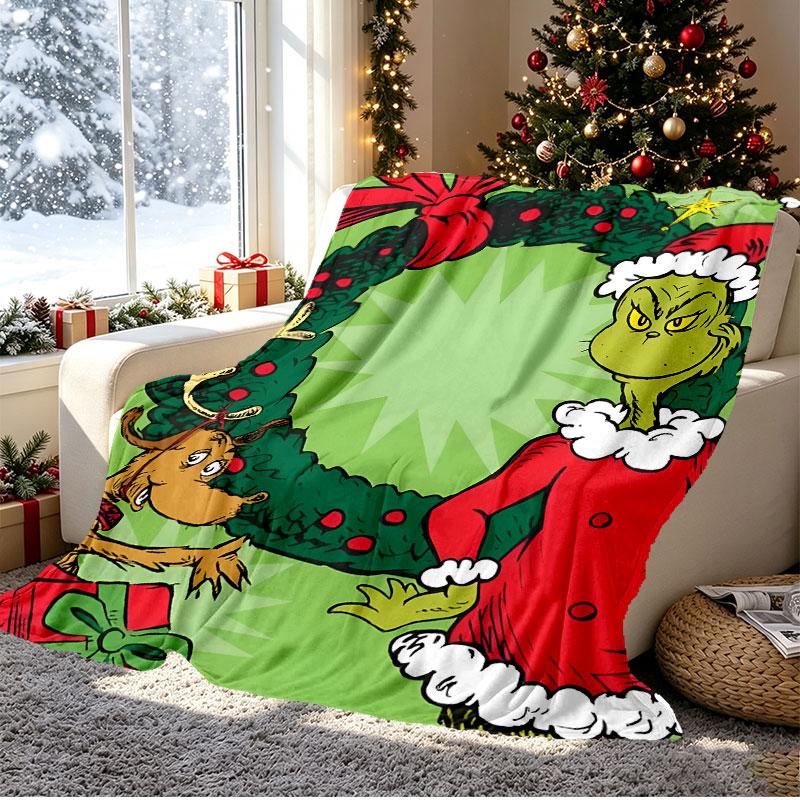 The Grinch Pattern Blanket for Home Decoration, Bed, Sofa, Car Travel, Camping, Suitable for All Seasons, Birthday Christmas Gift