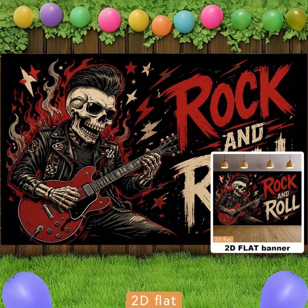 Rock and Roll Party Backdrop Banner, Guitar Playing Skull Music Notes, Polyester Photo Wall Decor for Indoor Outdoor Celebration Home