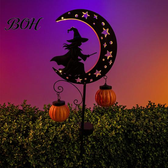 Spooky Pathway Markers for Parties Solar Halloween Witch Pumpkin Moon Garden Stake Light, Waterproof on Crescent Lights with Lantern, Outdoor LED Yard
