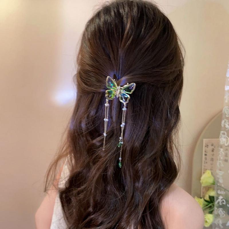 Elegant Chinese Gradient Hair Clip Compatible for Braids - Butterfly Tassel Hair Claw with Length, Braiding & Updos Accessory for, Asian Hairstyles