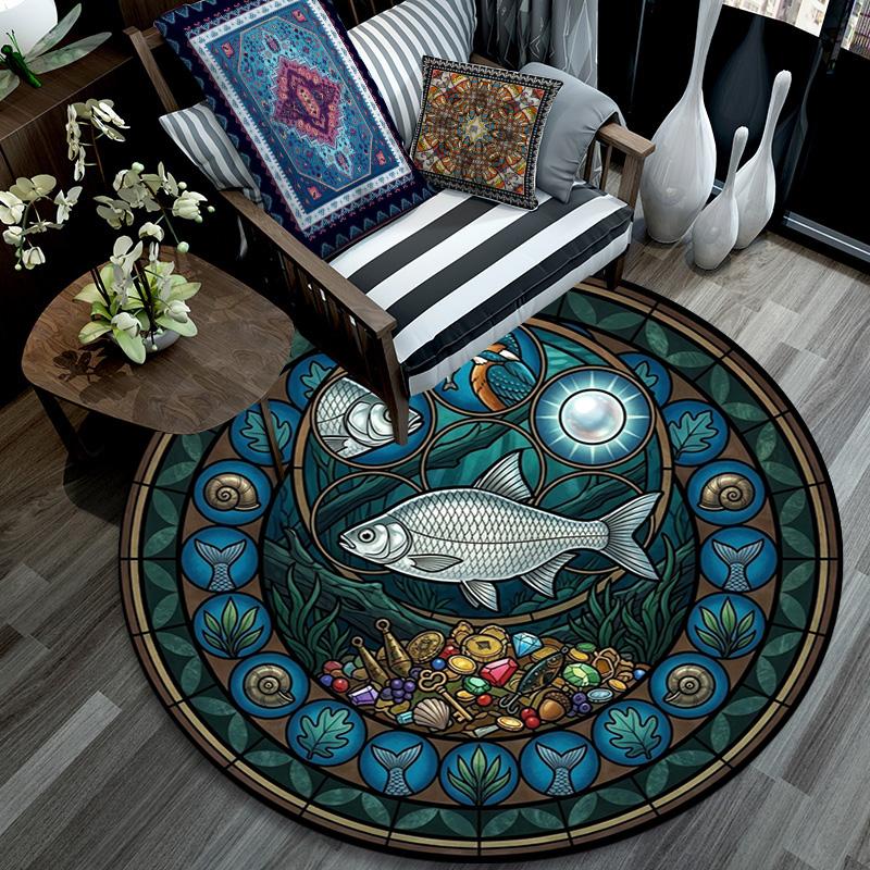 Ocean Life Symbols Round Area Rug Under Office Chairs Bedroom Living Room Home Decor