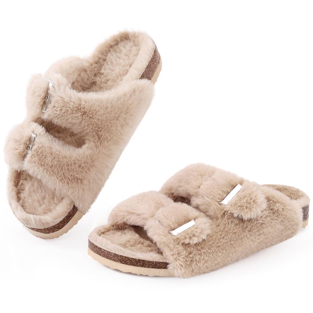Fashion Smile Fashion Slippers For Women New Cork Insole Comfort Slides Outdoor Fluffy Sandals With Adjustable Metal Buckle Arch Support