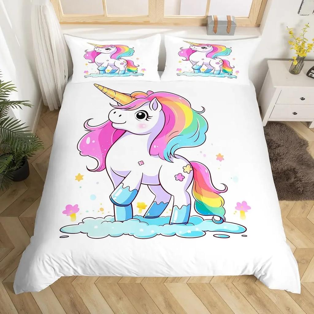 Комплект постельного белья с единорогом для детей, фиолетовый космос, галактика, пододеяльник из микрофибры, мультяшный девчачий чехол для одеяла и 2 наволочки