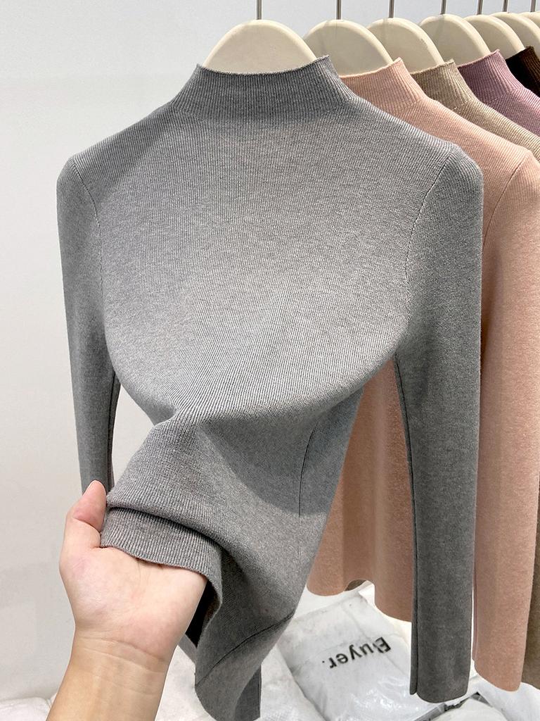 Белый базовый трикотажный свитер с полувысоким воротником женский осенне-зимний приталенный и тонкий внутренний с длинными рукавами мягкий восковой свитер модный топ