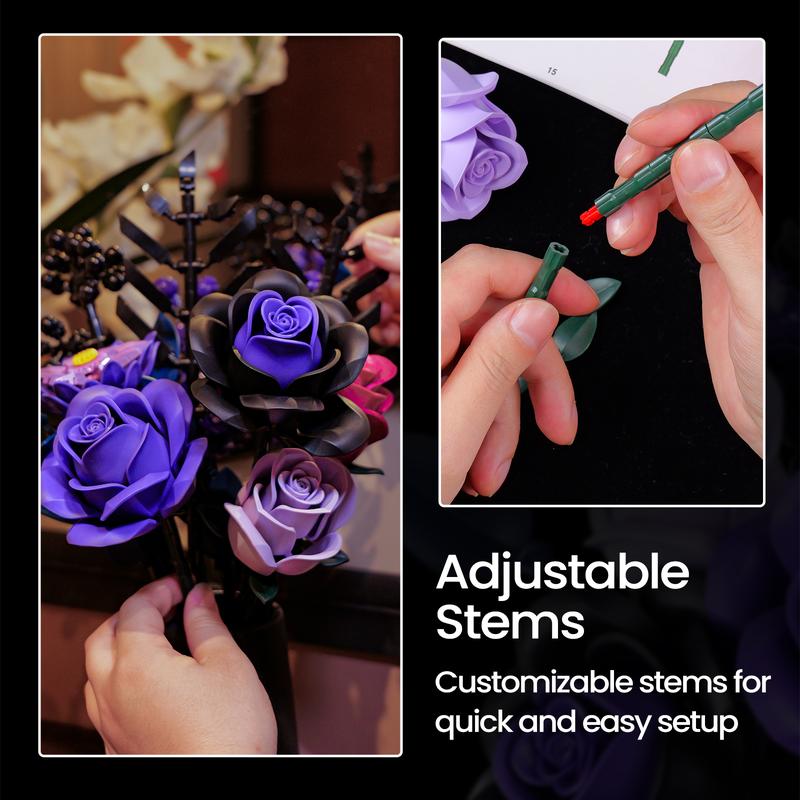 Набор для сборки букета фиолетовых роз, набор ботанических блоков для взрослых и женщин, элегантные готические искусственные цветы для домашнего декора, идеально подходит для