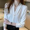 Autumn Chiffon White Shirt Women's Top OL Western Style Light Cooked Hong Kong Style Formal Suit Base V-neck White Shirt