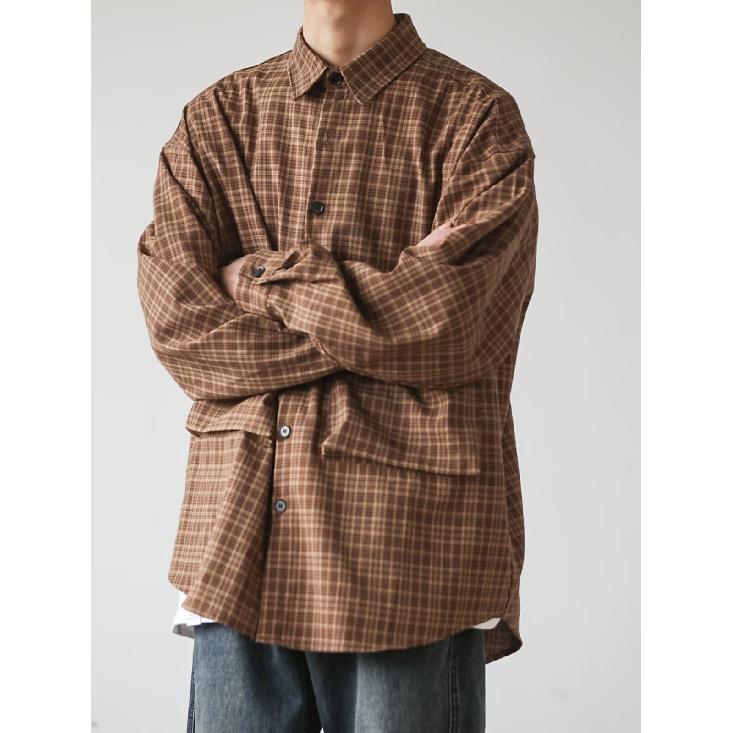 Рубашка в японском стиле в стиле ретро с большим карманом, с длинными рукавами, для мужчин и женщин, винтажная, с несколькими карманами, контрастного цвета, для пары, рубашка, пальто