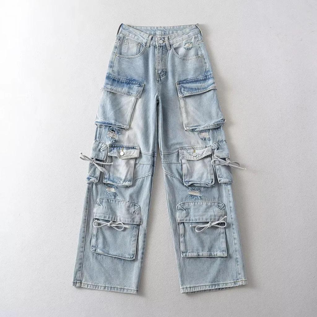 Autumn Street Style Multi-Pocket Splicing Jeans: European & American Casual Straight-Leg Trousers