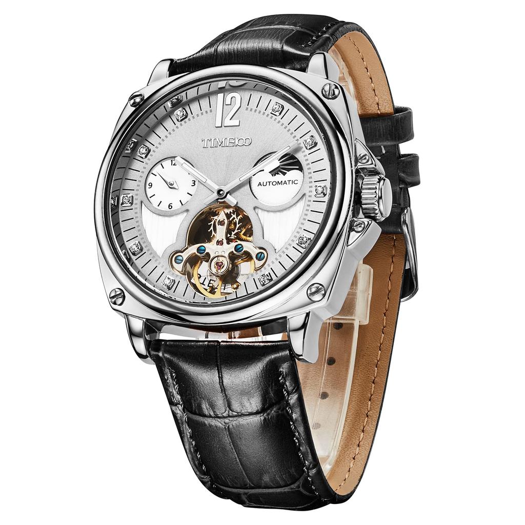 TIME100 Популярные часы Часы Автоматические механические Модные водонепроницаемые сплав Черный кожаный ремень Офисный работник Взрослый мужественный Time100 Коллекция Серебряный