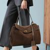 Women's Genuine Two-Layer Leather Shoulder Bag - Brown Suede Handbag with Gold Hardware, Classic Tote for Daily Use & Work