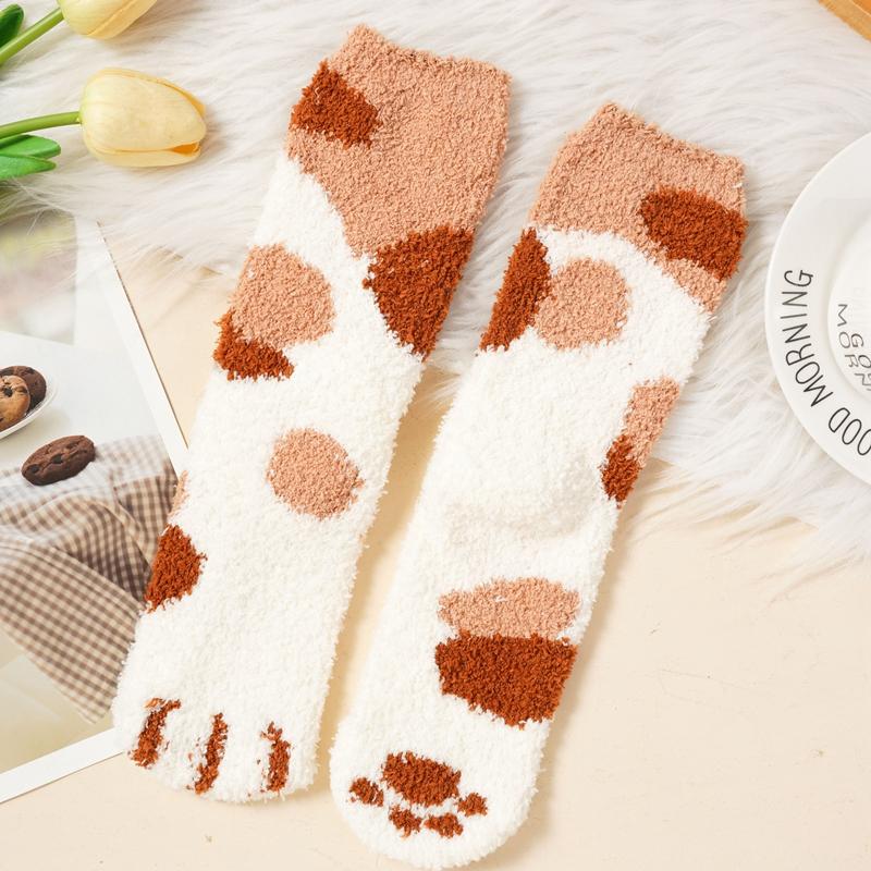 Women's Cute Cat Paw Socks Winter Thickened Coral Velvet Socks Soft Mid-calf Socks