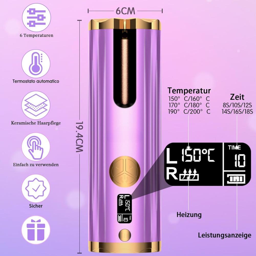 Automatic Curling Iron, Wireless Curling Iron, Negative Ion Curling Iron with Battery LCD Display, 6 Temperatures and Timer for Small, Large Curls