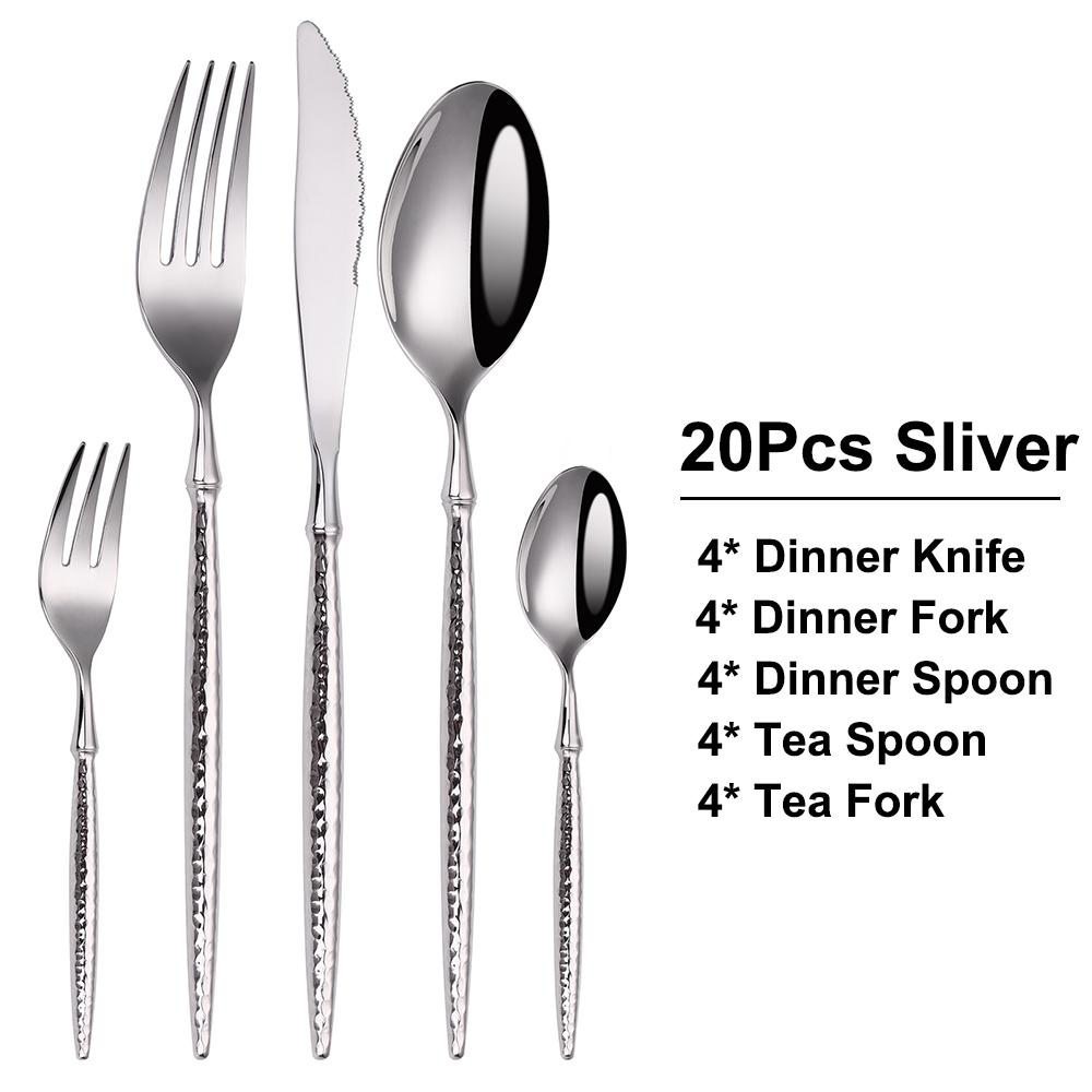6/16/20/24Pcs Sliver Stainless Steel 304 Cutlery Set Sliver Tableware Western Hammer Pattern Handle Dinner Set Fork Spoon4