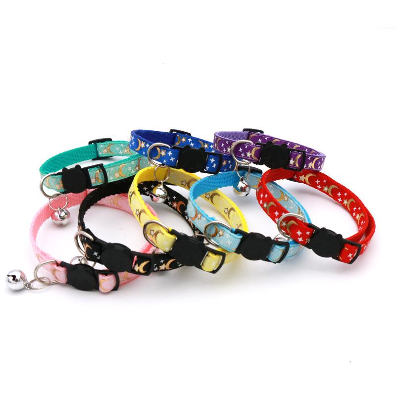 Cat Dog Collar Gold Color Stars and Moon Pet Collar with Bell and PP Material Separate Reflective Safety Buckle Solid Safe