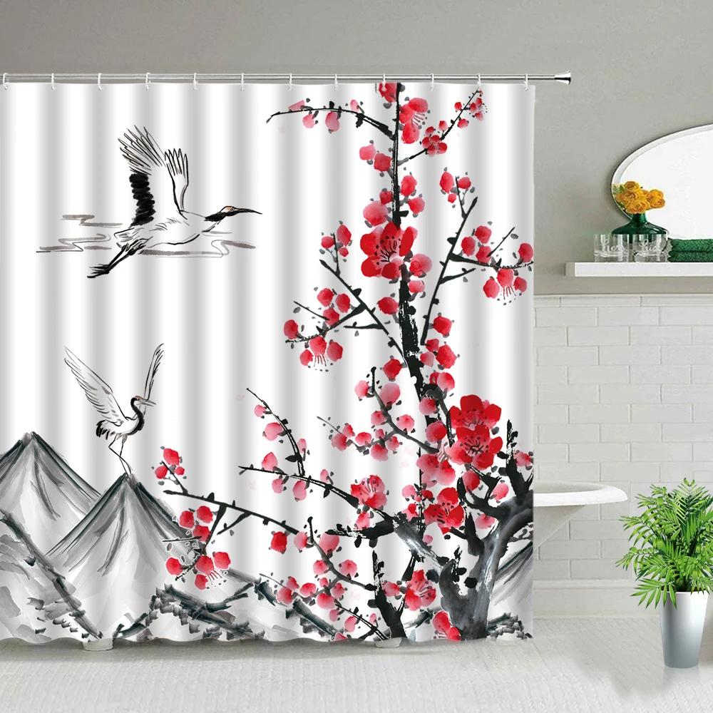 Chinese Style Flower Birds Shower Curtains Waterproof Bathroom Curtain 3d Printed Fabric With Hooks Bathtub Decor Bath Curtain