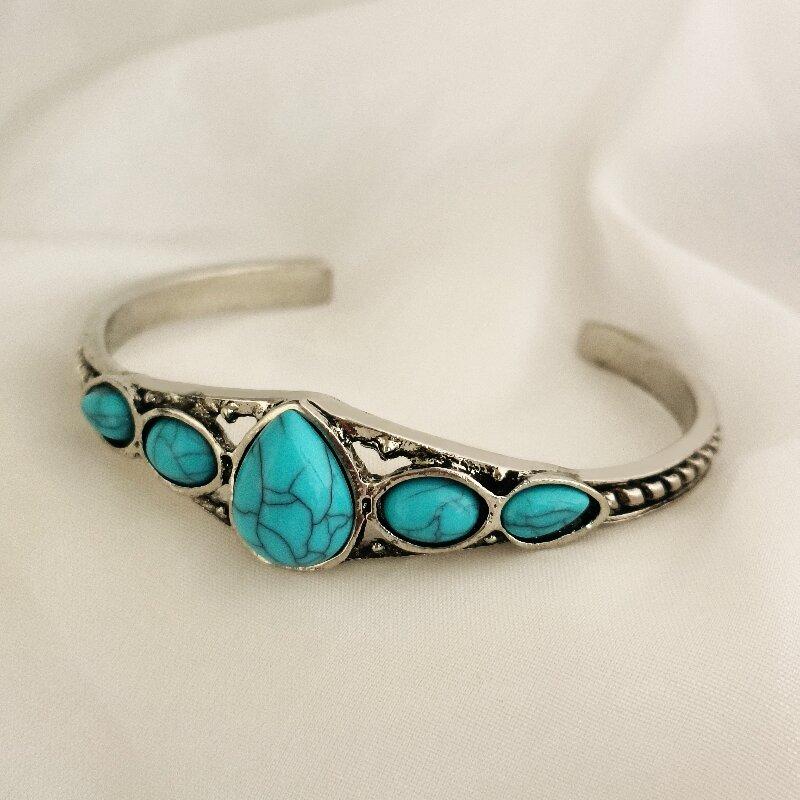1pcs New Style Personality Retro Turquoise Carved Hollow Geometry Light Luxury Accessories Bracelet Adjustable Opening Bracelet