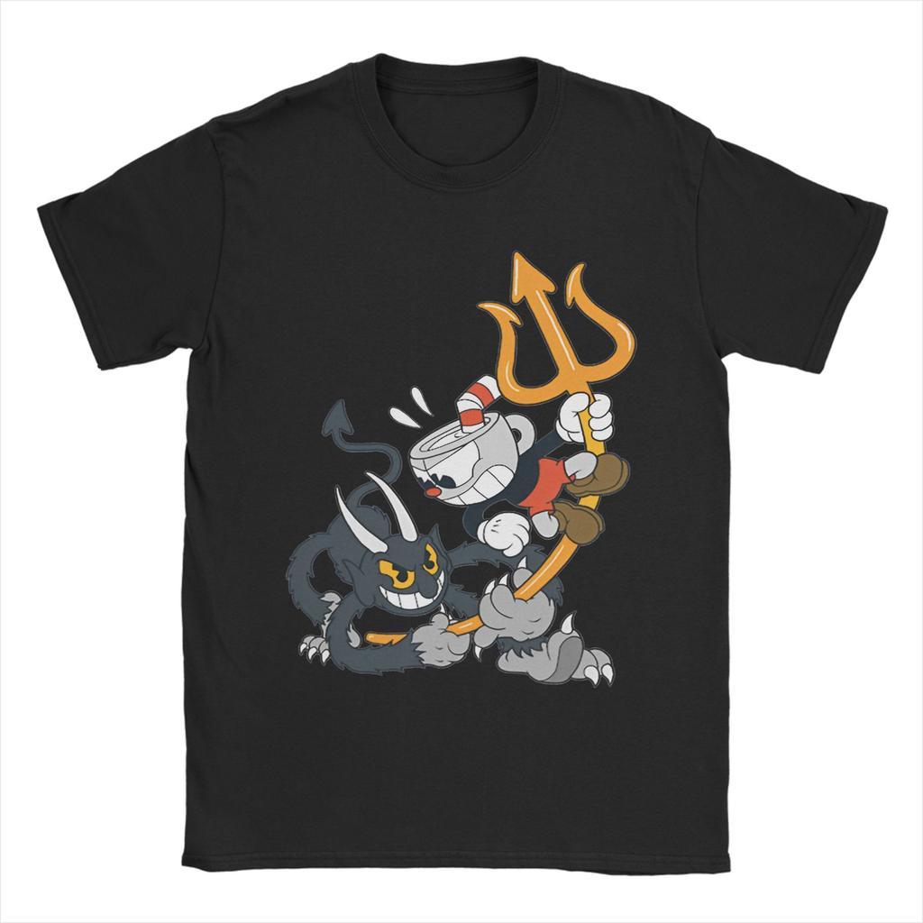 Cartoon Cuphead and Mugman Game T-Shirts for Men Humor Cotton Tees O Neck Short Sleeve T Shirt Printed Tops