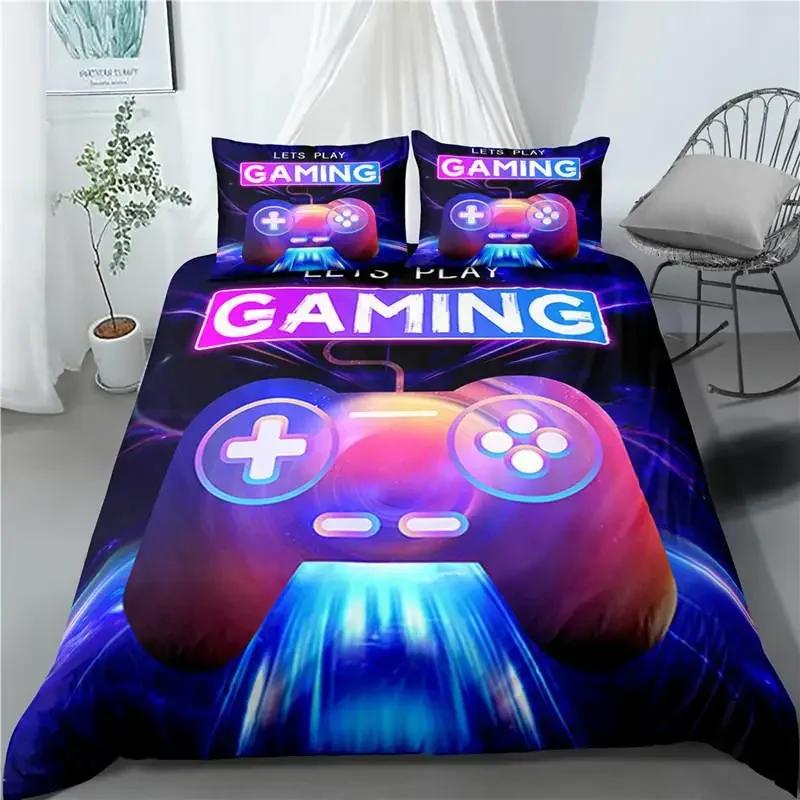 Игровой комплект пододеяльника Декор комнаты геймера Для мальчика Дети Подросток Видеоигры Полуторный комплект постельного белья Микрофибра Геймпад Let's Play Покрывало