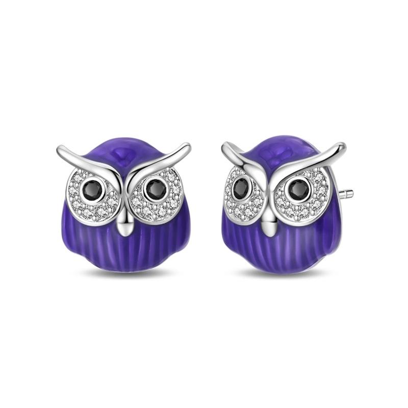 Original 925 Sterling Silver Purple Flower Owl Earrings Women 2025 Zircon Ear Studs Sparkling Pave Hoop Earring Jewelry Gift