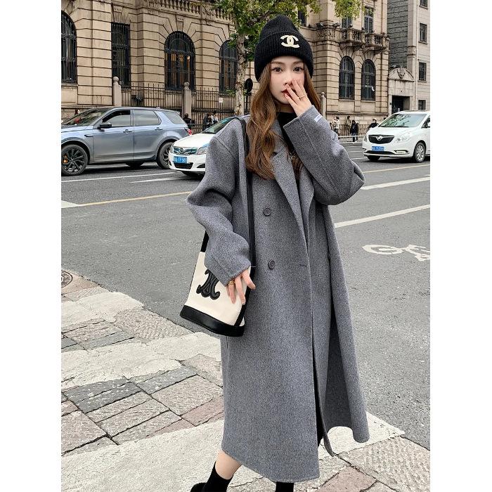 Women's Pink Double-Faced Cashmere Mid-Length Hepburn-Style Coat - 2025 Autumn/Winter Korean Fashion