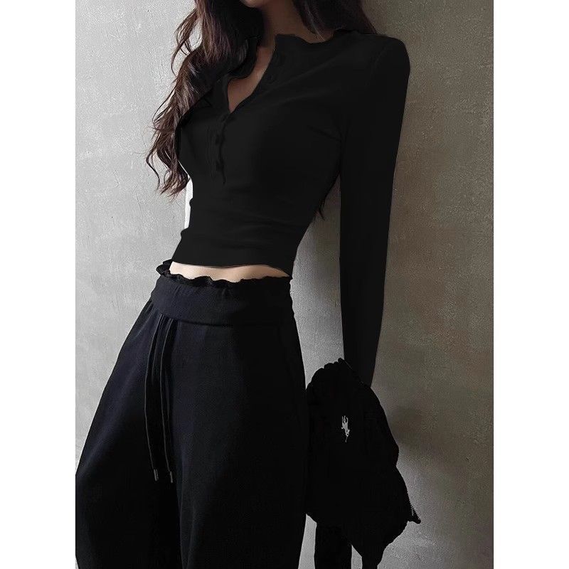 Модный топ с V-образным вырезом и длинными рукавами в сочетании с базовым слоем для женского осенне-зимнего похудения, облегающая футболка с открытыми плечами и короткий топ