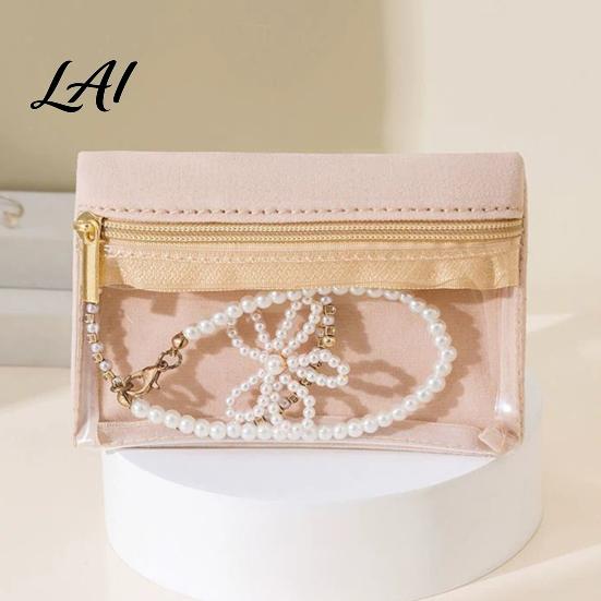 Small Jewelry Pouch Portable Storage Bag Flannel Organizer Case with Transparent Window And Lightweight Travel Smooth Zipper Compact Necklace Holder
