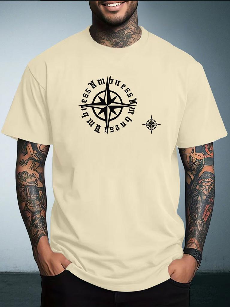 Unisexs Summer Crew Neck T Shirt Vintage Compass Gothic Letter Graphic Tee Casual Loose Outdoor Streetwear Fashion Daily Top