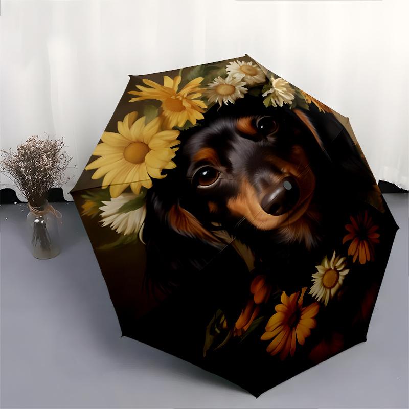 Flower Crown Dachshund Theme 8 Bone Hand Automatic Folding Fashion umbrella, Compact and Portable Design, A Perfect Gift for Birthday, Chris