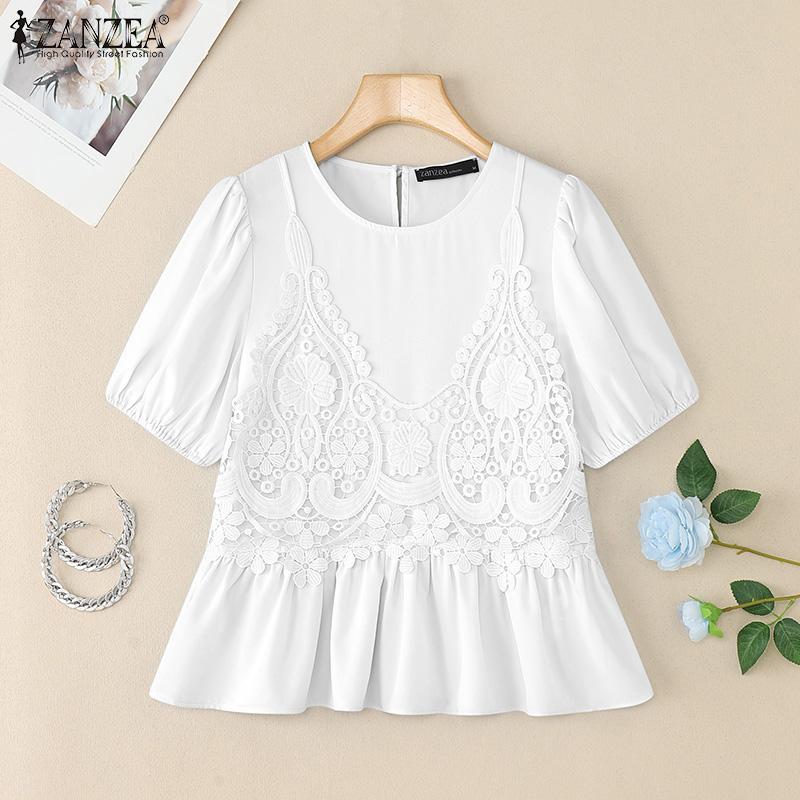 ZANZEA Женские повседневные футболки с круглым вырезом, крючком, пэчворк, летние, с коротким рукавом