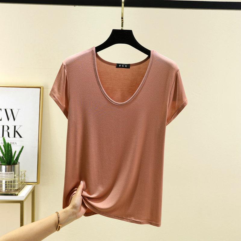 Летняя однотонная базовая футболка с U-образным вырезом для женщин с коротким рукавом свободного кроя из модала