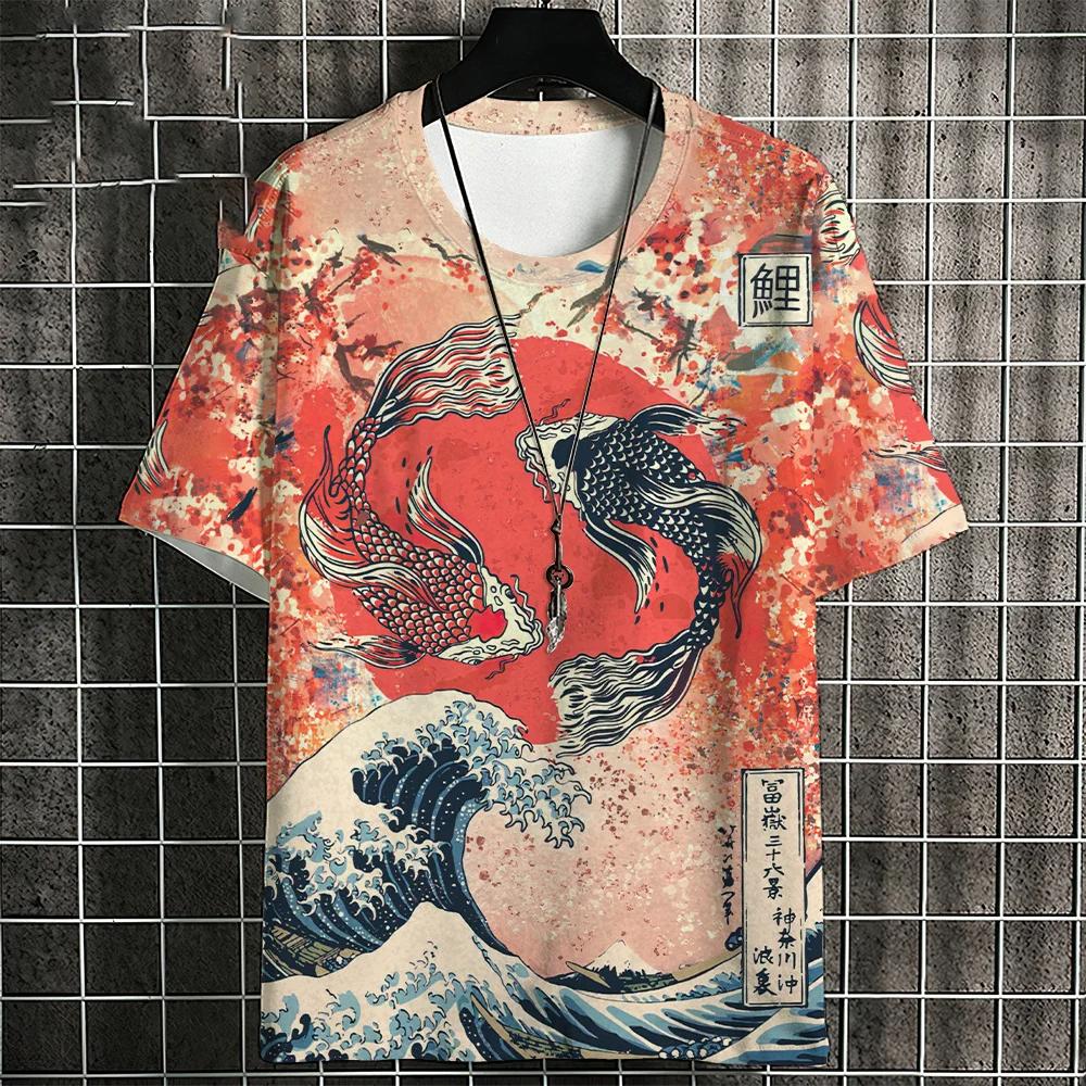 Футболка Ukiyo-E для мужчин с рисунком японского карпа кои, повседневная унисекс-футболка, дышащая, удобная, летняя, новая свободная одежда