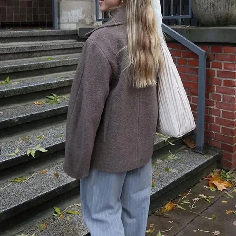 Women's Woolen Coat Thick Lapel Long Sleeve Jackets Oversize Casual Coats Elegant Lady Office Outerwear Autumn Winter