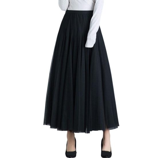 Women Midi Skirt Elastic High Waist Long Skirt with Solid Mesh Hem Solid Color A-Line Skirt Daily Wear
