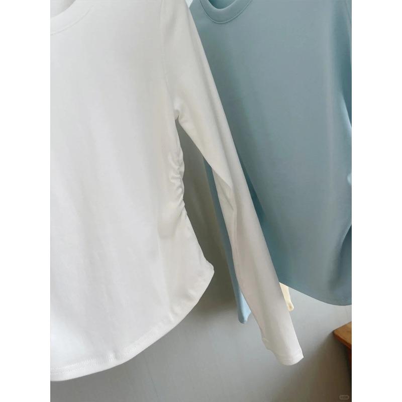 Card Waist Pleated White Long-sleeved Short Top Women's Autumn Small Hot Girl Slim-fitting Straight Shoulder Bottoming Shirt T-shirt