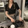 Ummer Casual Tees Women Solid V-neck Cropped Tops Cross Tie-Up Harajuku Basic Korean T-Shirts Streetwear