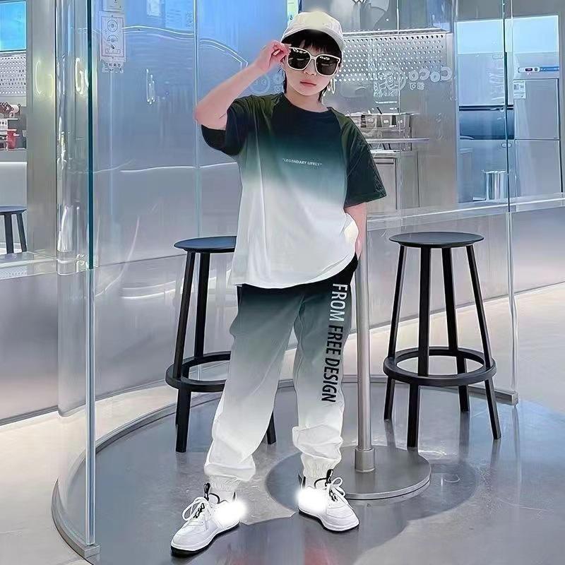 Летняя одежда для подростков, повседневная одежда, детский градиентный спортивный костюм, детская футболка + брюки с завязками на щиколотке