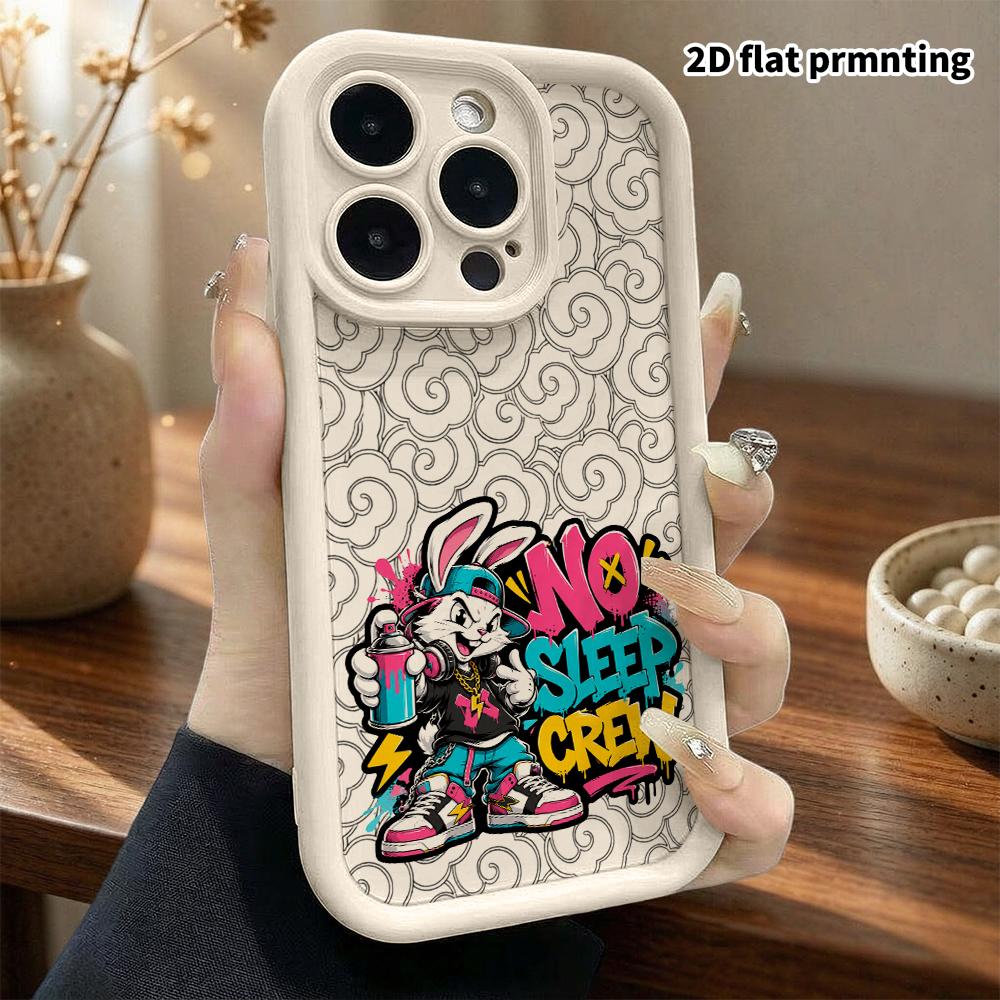 Phone Case: 2D flat design suitable for iPhone 18 17 16 15 14 13 Pro step protection case, graffiti rabbit, Christmas and Halloween gift