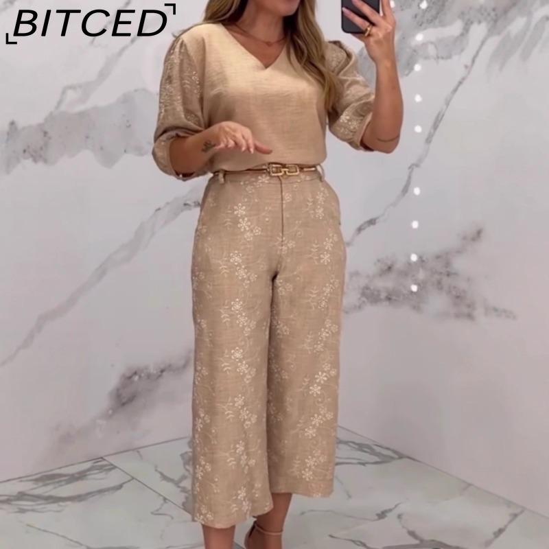 BITCED Летний комплект: кружевная блузка и прямые брюки с широкими штанинами для женщин